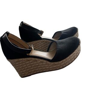 Michael Kors Black Canvas Wedge Espadrille Sandals with Ankle Strap
